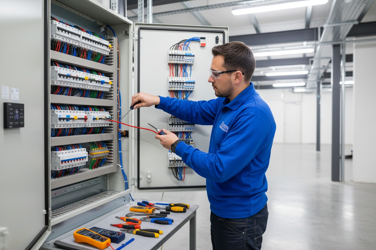 Um eletricista de jaleco azul e óculos de proteção realiza manutenção em um painel elétrico aberto.
